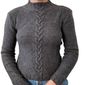 Vintage Womens Hand Knit Gray Cable Chunky 100% Wool Sweater Sz S